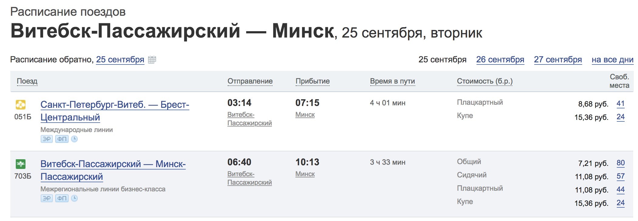 Витебск-Минск поезд расписание
